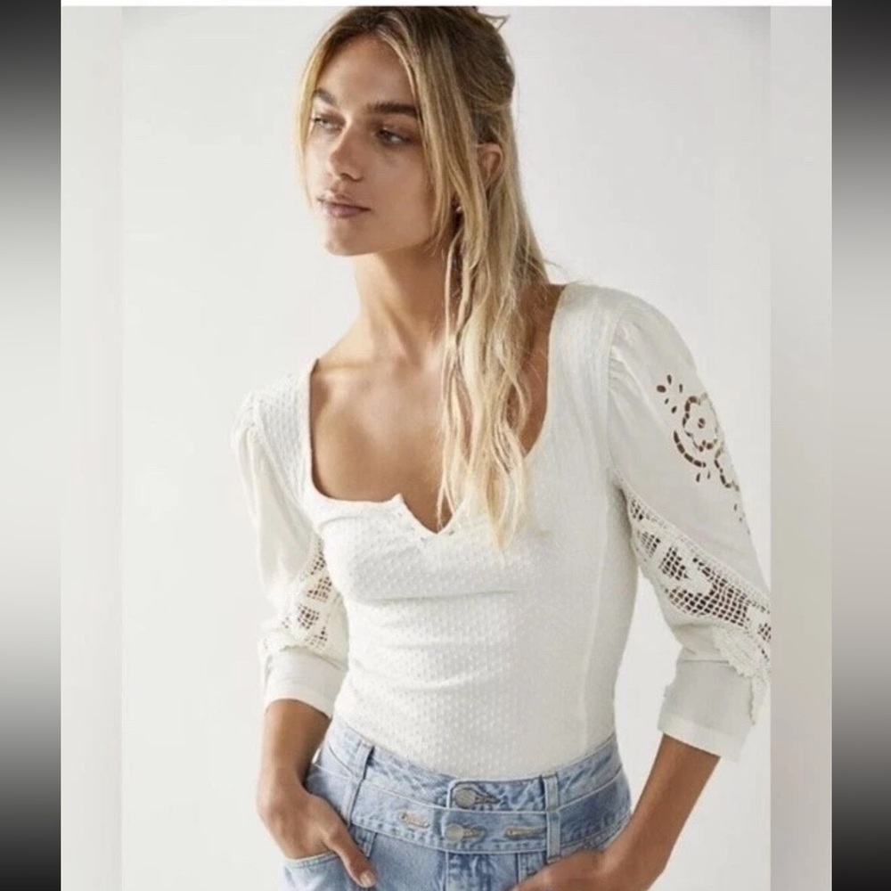 Free People Brunch Date 3/4 puffed sleeve Crochet Boho Coquette Wedding Bridal